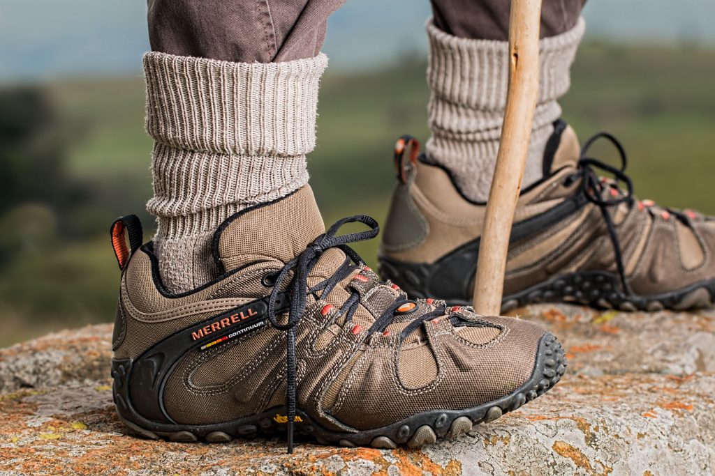 Brown and gray hiking boots